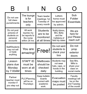 Staff Handbook Quick Reference Guide Bingo Card