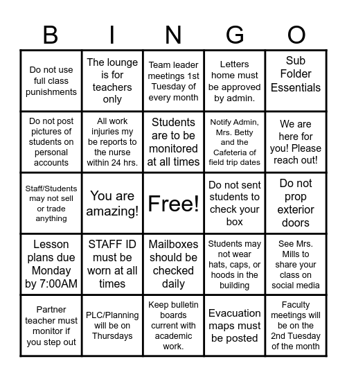 Staff Handbook Quick Reference Guide Bingo Card