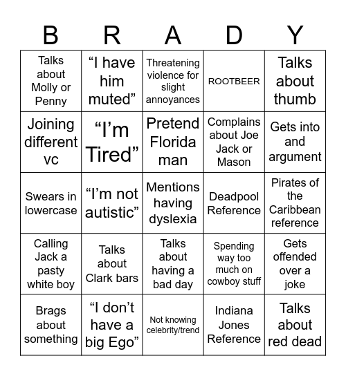 Brady Bazingo Bingo Card