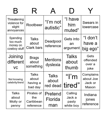 Brady Bazingo Bingo Card