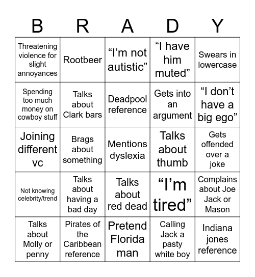 Brady Bazingo Bingo Card