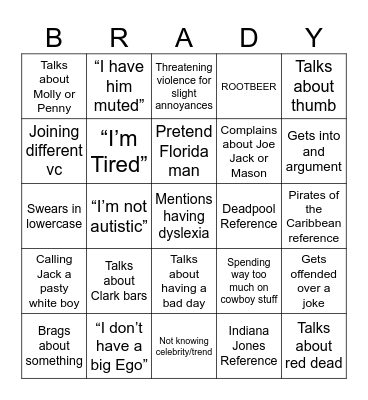 Brady Bazingo Bingo Card