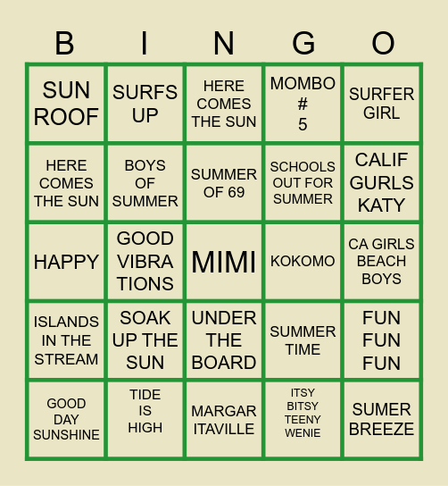 MIMI'S BEACH MUSIC BIRTHDAY BINGO Card