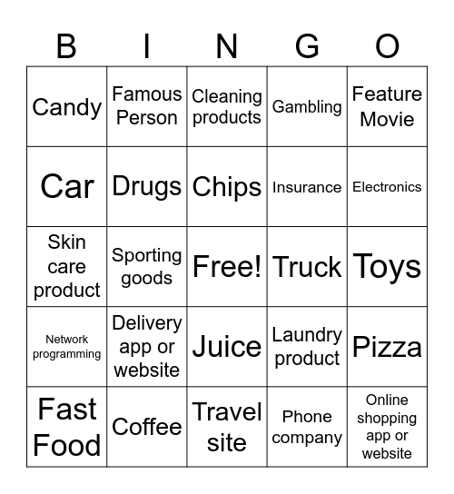 Olympic Commercial Bingo Card