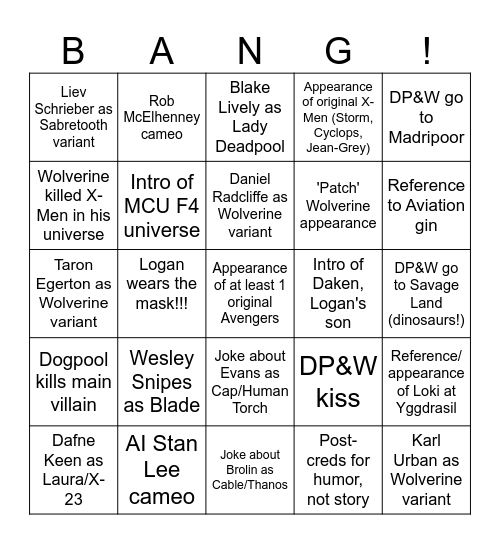 Deadpool & Wolverine! Bingo Card