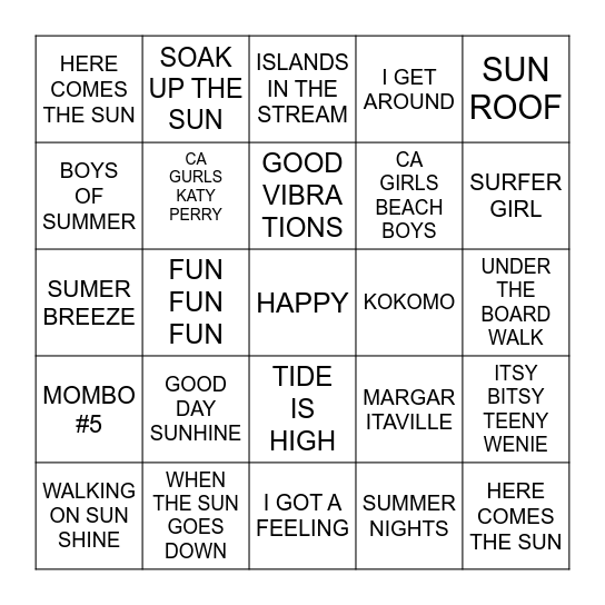 MIMI'S BEACH MUSIC BIRTHDAY BINGO Card