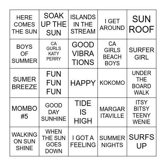 MIMI'S BEACH MUSIC BIRTHDAY BINGO Card