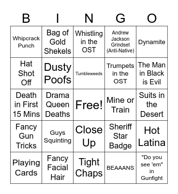 Western Movie Drinking Game Bingo Card