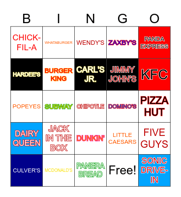 Fast Food Bingo Card