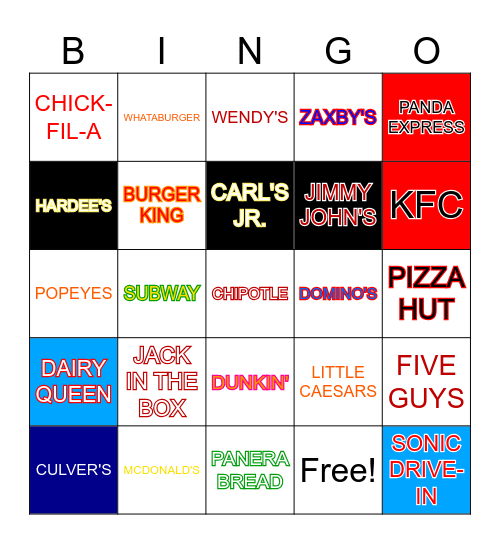 Fast Food Bingo Card