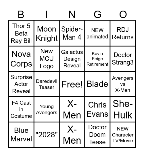 Marvel 2024 Comic Con Bingo Card