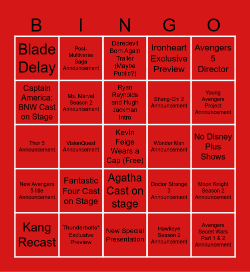 Marvel Comic-Con Hall H 2024 Bingo Card