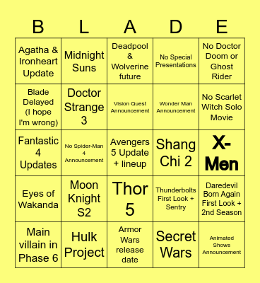 Marvel SDCC 2024 Predictions Bingo Card