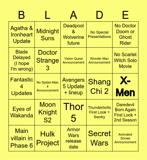 Marvel SDCC 2024 Predictions Bingo Card