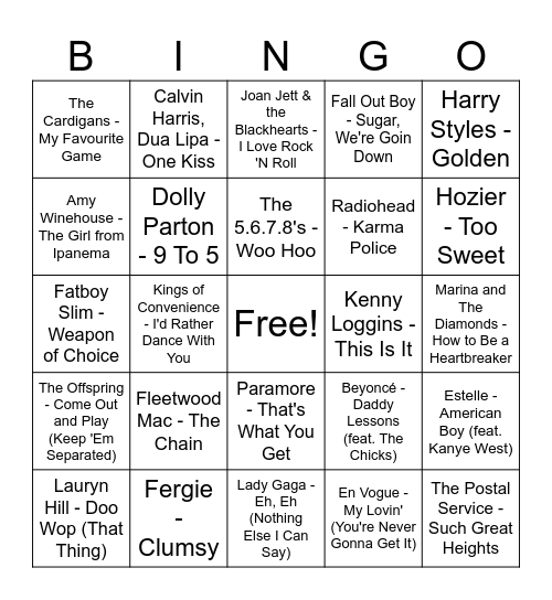 Music Bingo Brunch 7/27 Bingo Card