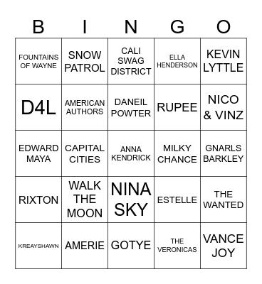 1 HIT WONDERS Bingo Card