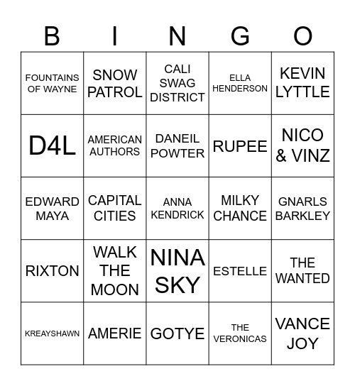 1 HIT WONDERS Bingo Card