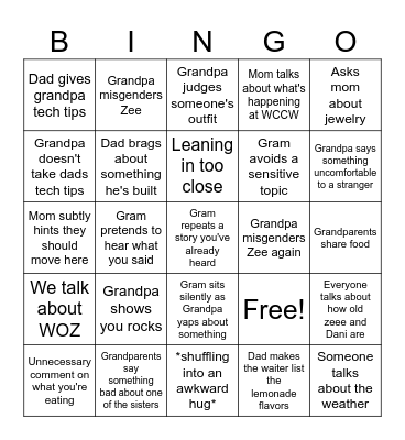 Lunch with grandparents Bingo Card