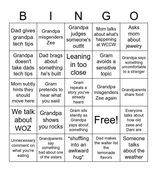 Lunch with grandparents Bingo Card