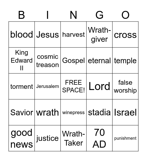 "God's Wrath is the Gospel" Revelation 14:6-20 Bingo Card