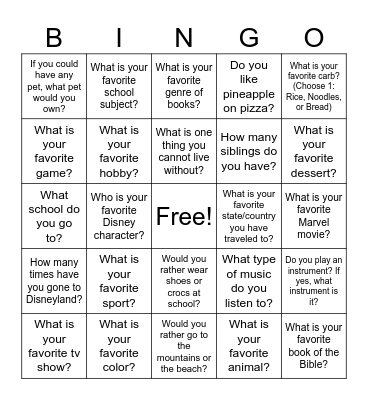 Favorite Things Bingo Card