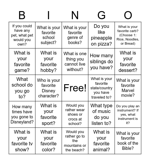 Favorite Things Bingo Card