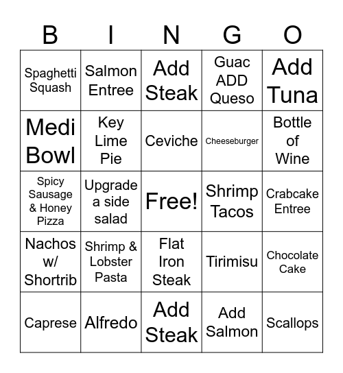 Starts @ 5:30, ends w/ first cut, write down table numbers next to item when you mark it off. have fun and remember.. work > bingo Card