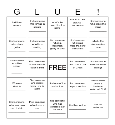 Band Camp Bingo Card