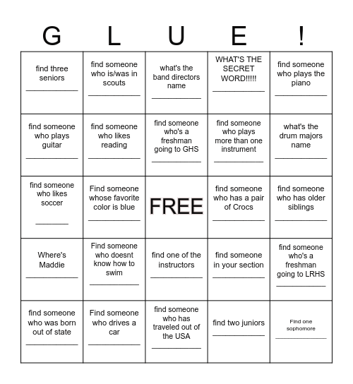 Band Camp Bingo Card