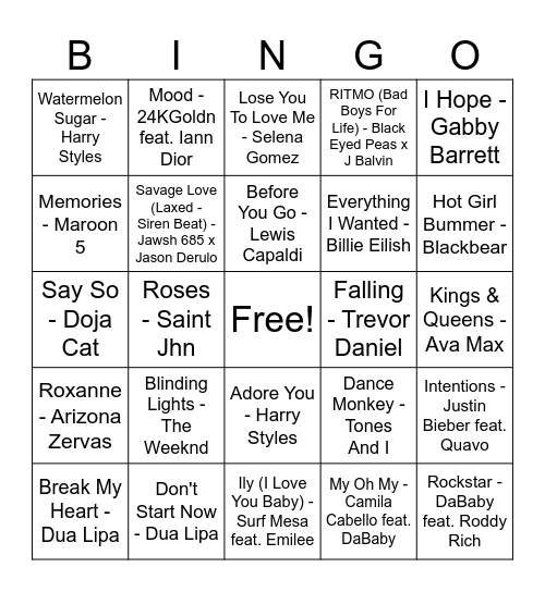 2020 Pop Songs Bingo Card