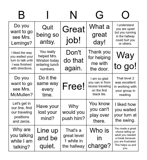 Positive or Negative??? Bingo Card