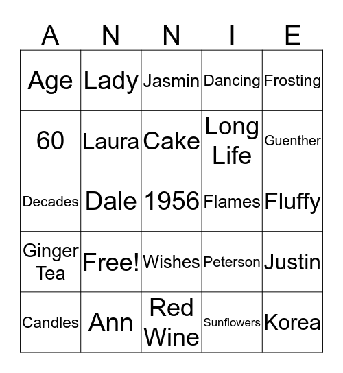 Ann's 60th Birthday  Bingo Card