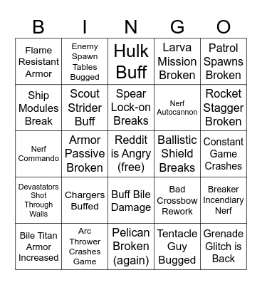 Helldivers Update Bingo Card