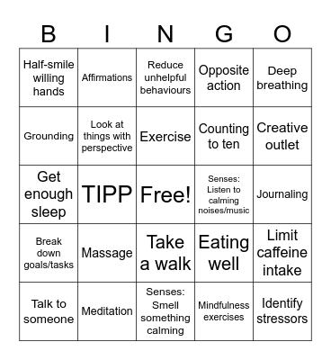 Anxiety Coping Tools Bingo Card