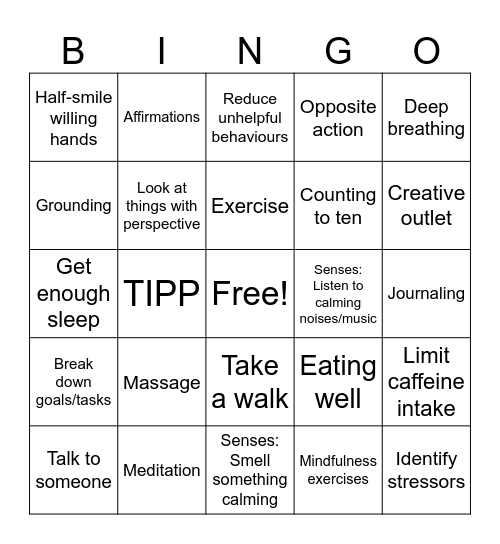 Anxiety Coping Tools Bingo Card
