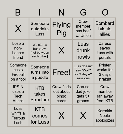 Caruso vs. Luss Life Bingo Card