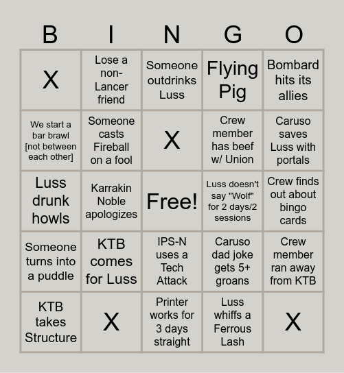 Caruso vs. Luss Life Bingo Card