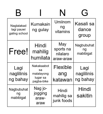 Healthy Bingo Card