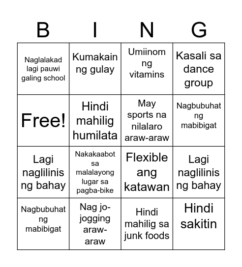 Healthy Bingo Card