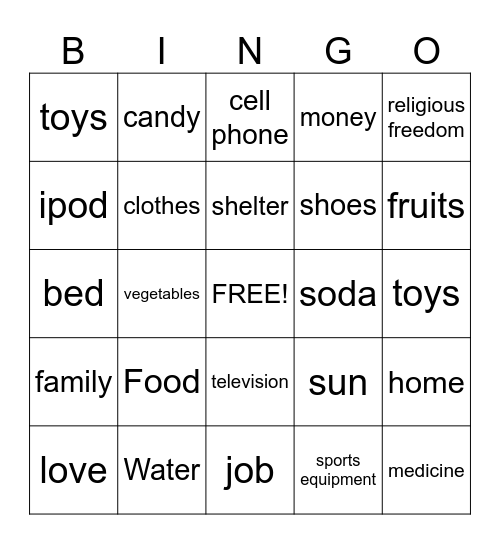 Needs vs. Wants Bingo Card