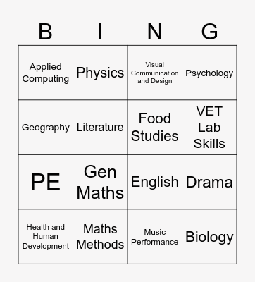 Subject Bingo Card