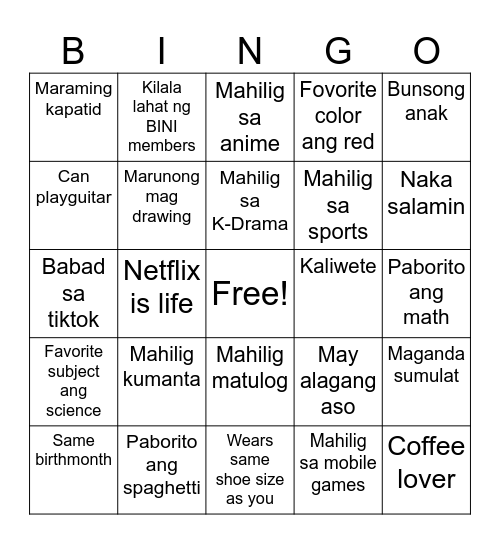 Human Bingo Card (Find Someone Who) Bingo Card