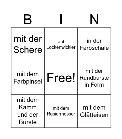 Was macht die Friseurin mit welchem Werkzeug? Bingo Card