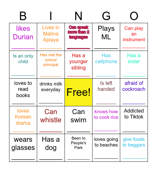 Getting to know you Bingo Card