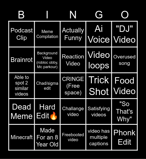 YouTube Shorts Bingo Card