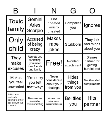 Toxic partner Bingo Card