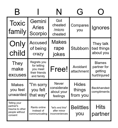 Toxic partner Bingo Card