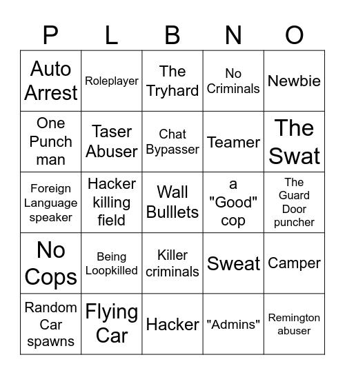 Prison life Bingo Card