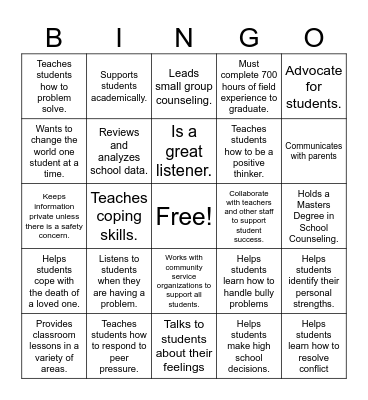 School Counselor Bingo Card