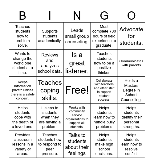 School Counselor Bingo Card